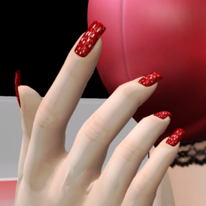 A female Second Life avatar shows off her red glitter nail polish from Alaska Metro