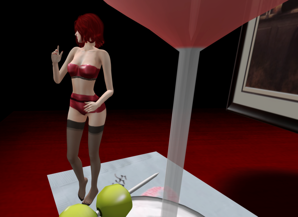A female Second Life avatar in red lingerie and black stockings stands under a giant martini.