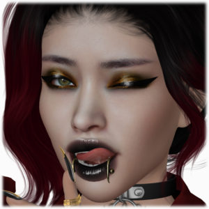 A Second Life avatar with black and gold eye makeup and black lips winks while licking her lips and looking seductively into the camera.