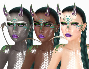 Three Second Life avatars with horns, scales, tails, and bright makeup wearing braids.