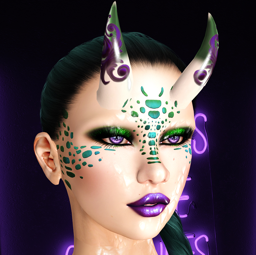 A Second Life humanoid draconic avatar with horns, green hair, scales, and makeup, and purple tattoos, eyes, and lipstick.