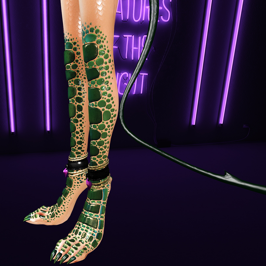 A Second Life humanoid draconic avatar's legs. There are green scales from the knees down.