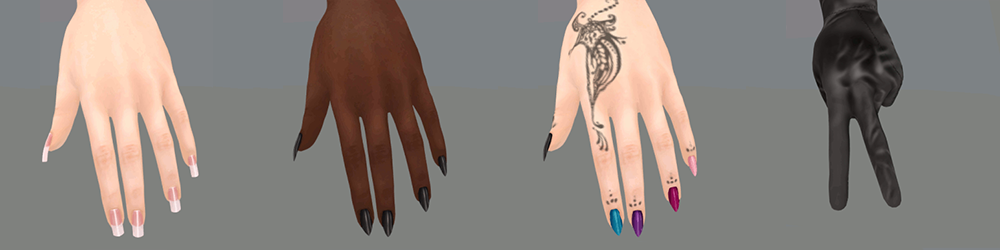 Four versions of Vista bento hands are shown. 1 has pale skin and long squared nails. 2 has dark brown skin and black stiletto nails. 3 has pale skin, a tattoo, and five different nail colors on stiletto nails. 4 is giving the peace sign while wearing a black glove.