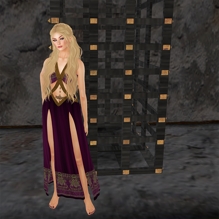 A female Second Life avatar stands in front of a cage.