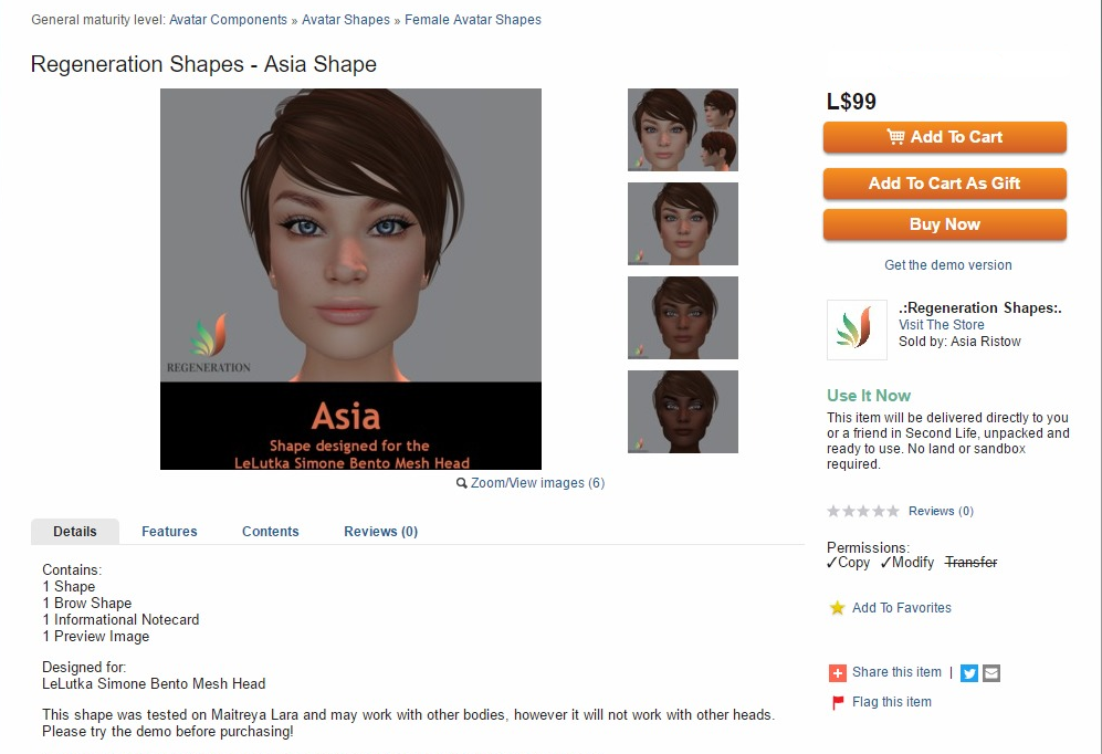 A screenshot of a listing on the Second Life Marketplace page.