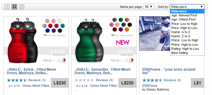 A screenshot of the sorting filters on the Second Life Marketplace page.
