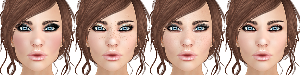 A Second Life avatar is shown four times, each with different makeup.