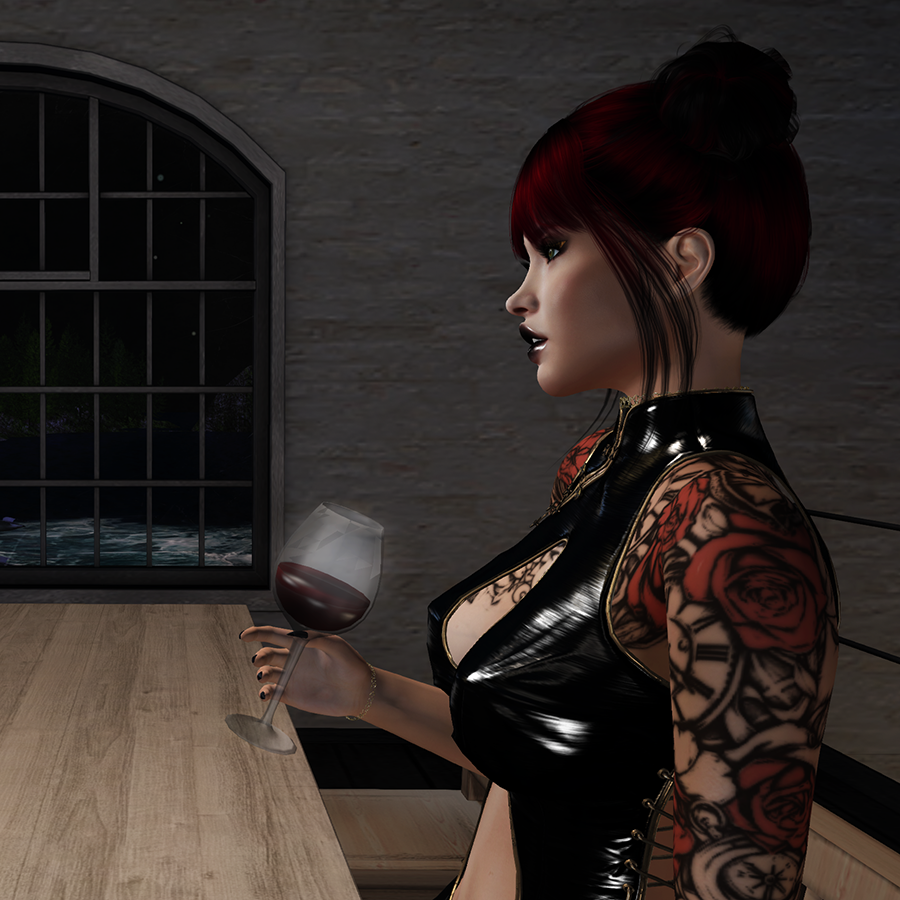 A Second Life avatar with red hair and a black dress sits at a table and drinks wine while looking offscreen.