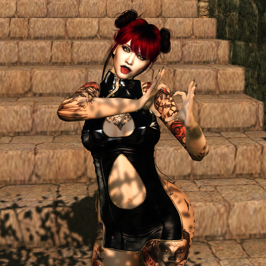 A Second Life avatar with red hair and a black dress sticks out her tongue and makes a heart with her hands.