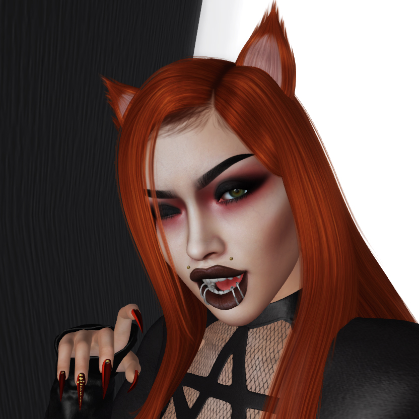 A second life avatar with vampire makeup and red fox ears smiles at the camera.