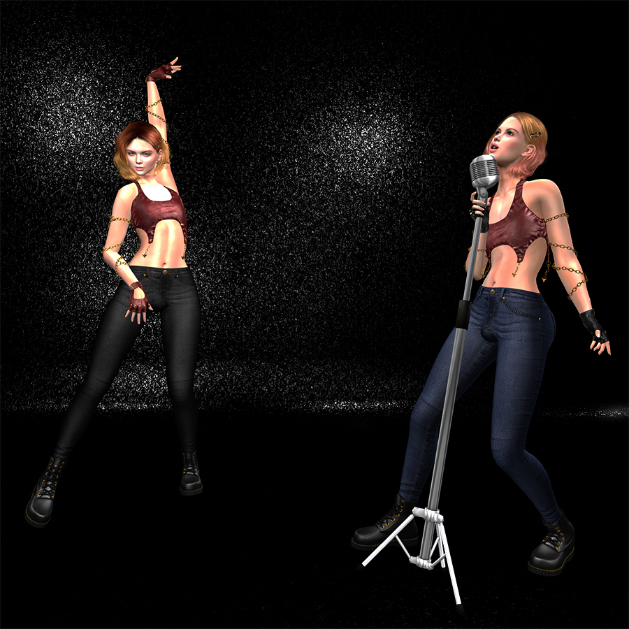 A Second Life avatar with a Maitreya Flat Chest stands posing dramatically on the left. One on the right using a V-Tech Boi Chest sings into a microphone.