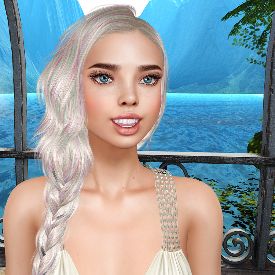 An innocent looking Second Life avatar smiles and looks beyond the camera.