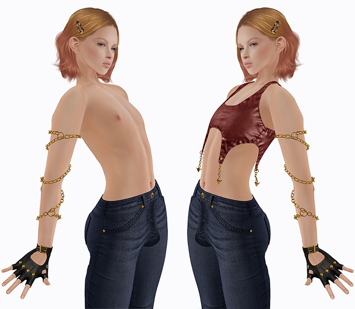 A second life avatar using a Maitreya body and V-Tech Boi Chest stands mirroring himself. He is bare chested and his mirror image has a leather top.