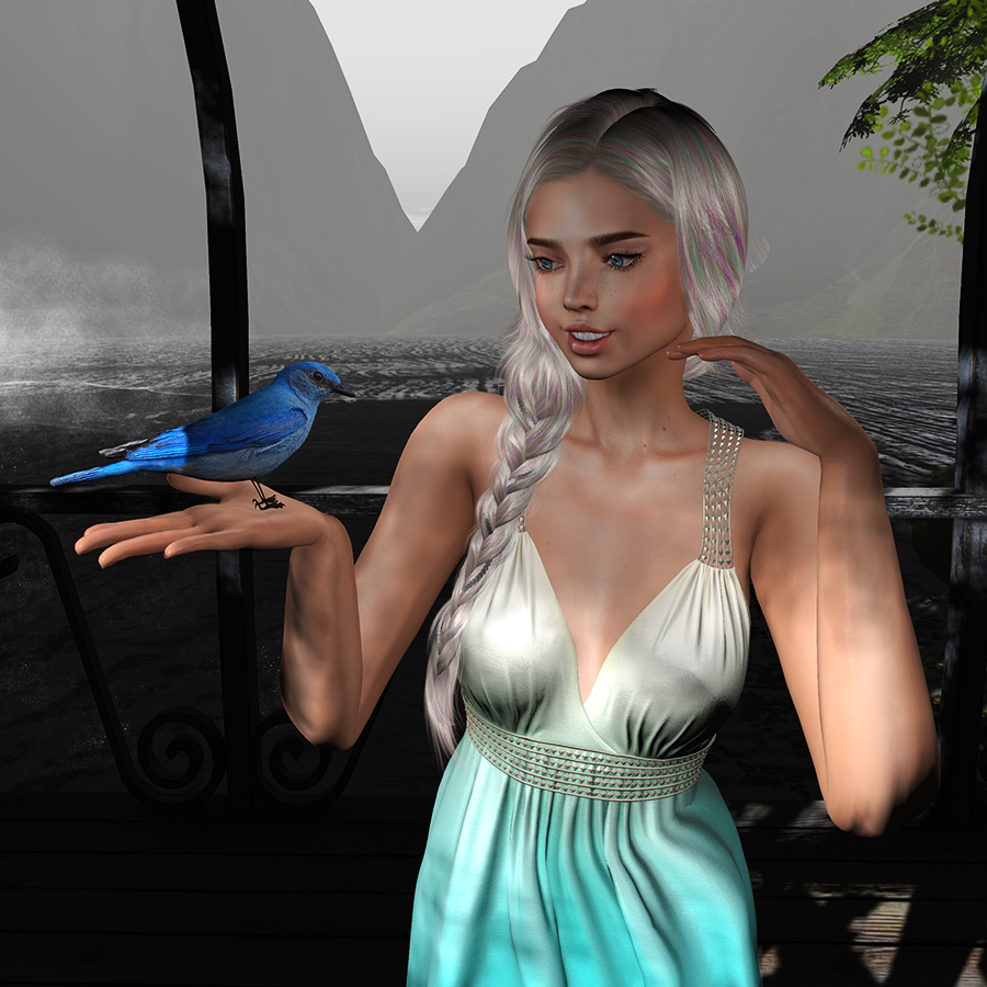 A Second Life avatar looks at a bird in her palm.