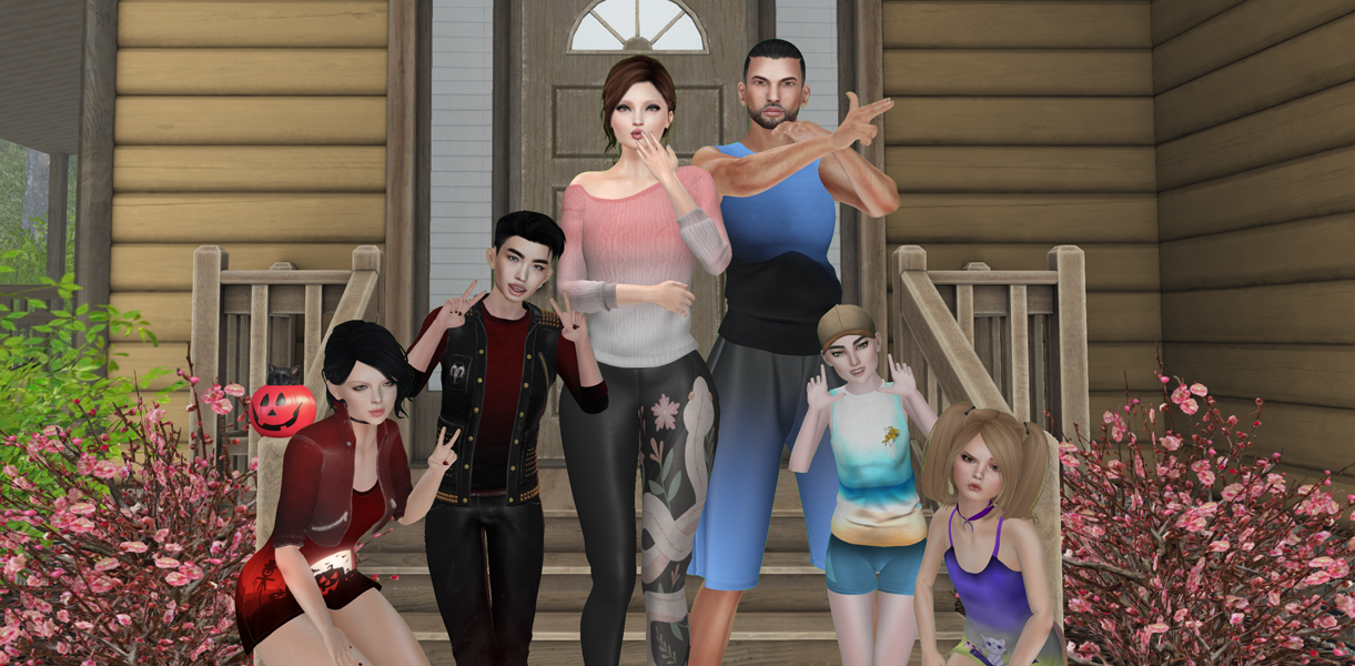 A Second Life family stands in front of their home