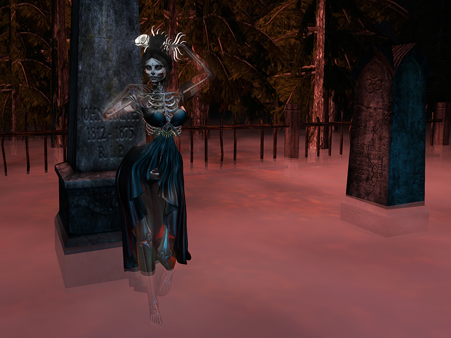 A Second Life ghoul dances in a cemetery