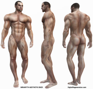 The Second Life body Niramyth Aesthetic Enzo as seen from the front, side, and back.