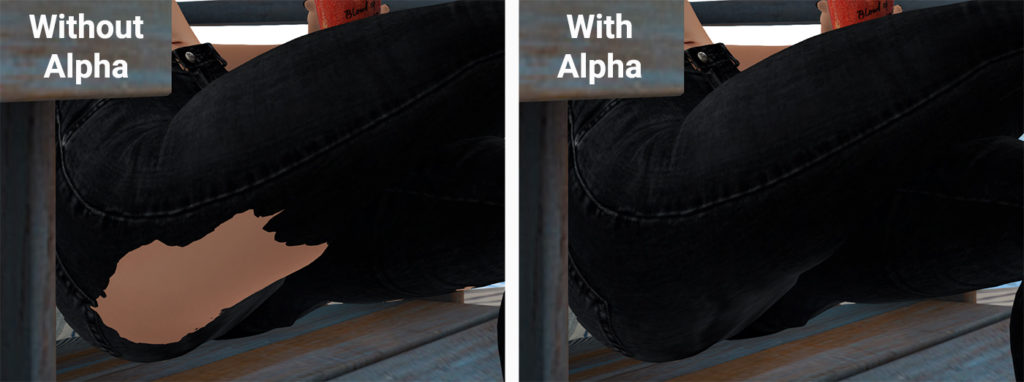 A woman's thighs are shown as she sits. Without the alpha her leg shows through her pants. With the alpha her leg does not show through her pants.