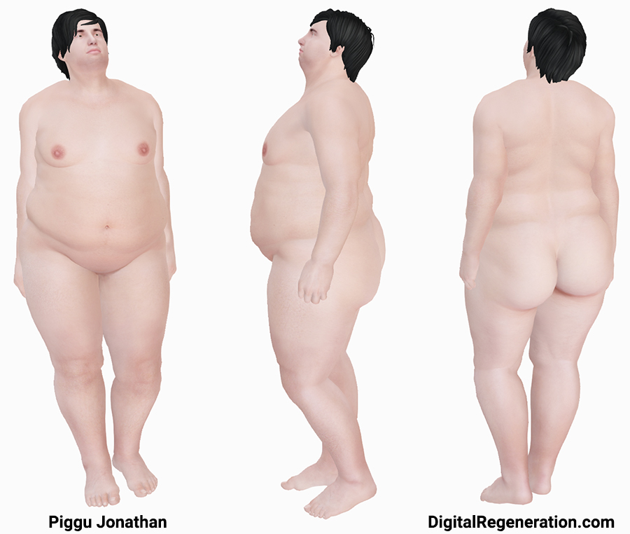 The Piggu Jonathan avatar shown from the front, back, and side.