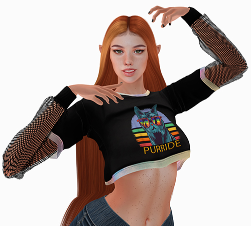 A feminine Second Life elf avatar smiles with her hands up.